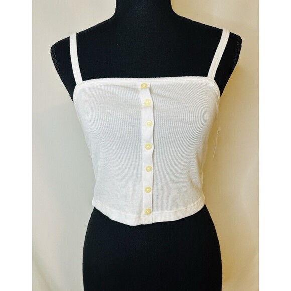 AMERICAN EAGLE White Ribbed Crop Fitted Button Thin Tank Top SIZE SMALL NWT - Picture 2 of 11